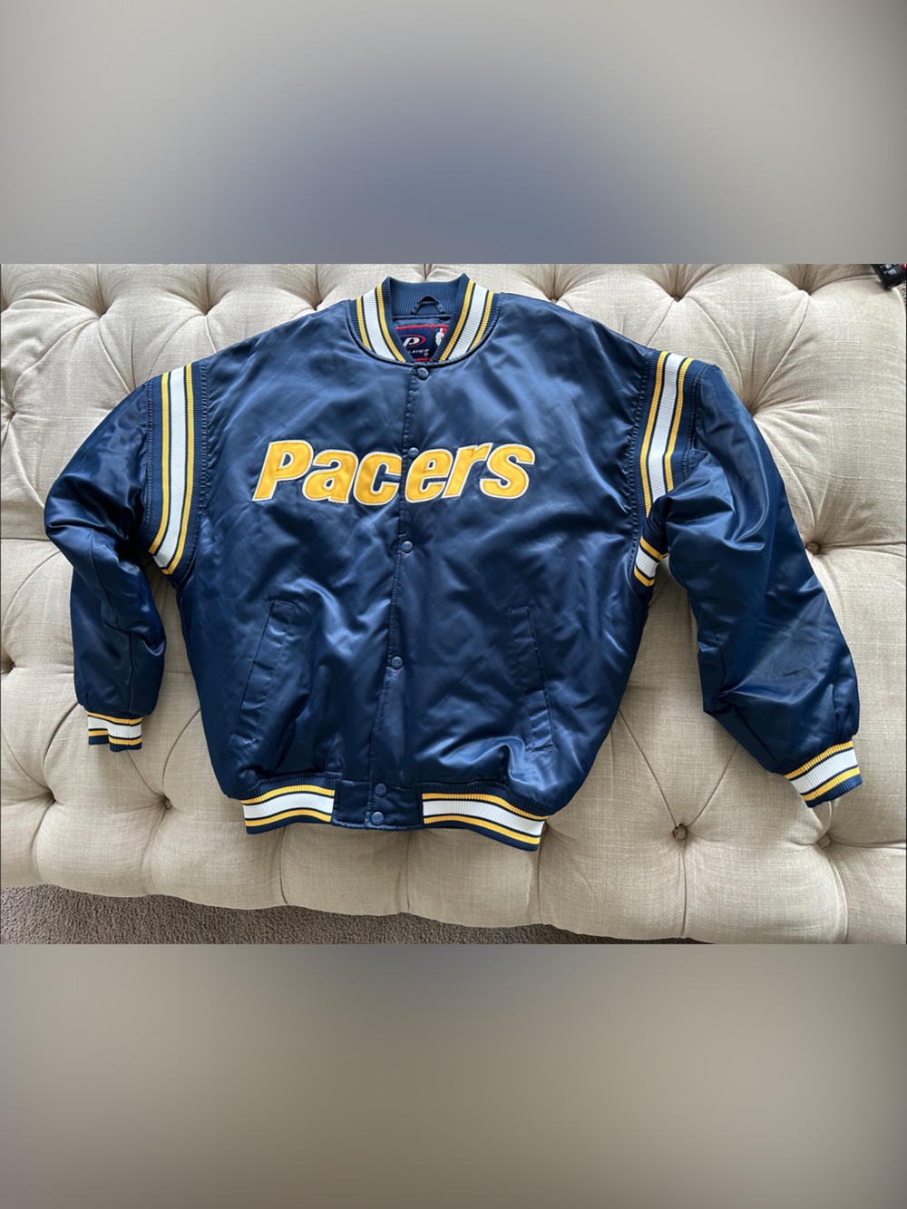 NBA Navy and Yellow Pacers Satin Bomber Jacket
